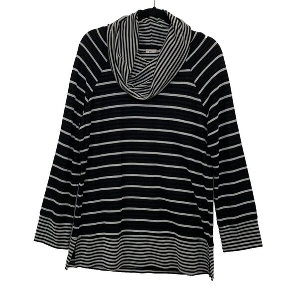 Chico's Women's Stripe Tunic Cowl Neck Lightweight Sweater Sz 1 8/10 Black Gray - Picture 1 of 9